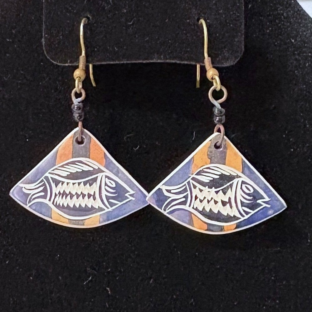 Artisan Fish Fan Etched Drop Earrings Purple Orange Nautical Dangle Hook